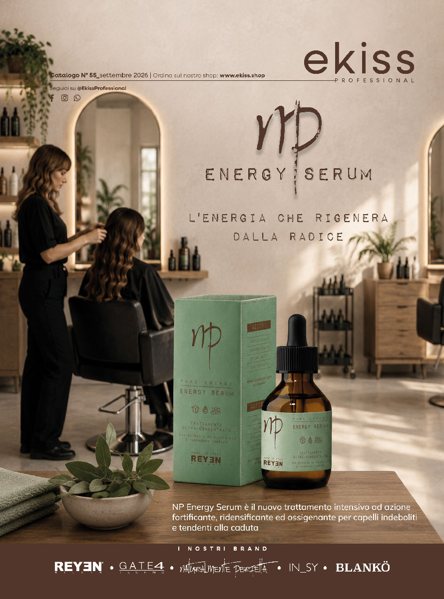 Copertina del catalogo Ekiss 55 con la nuova linea fortificante Pure Energy di Naturalmente Perfetta dedicata ai capelli con problemi di caduta